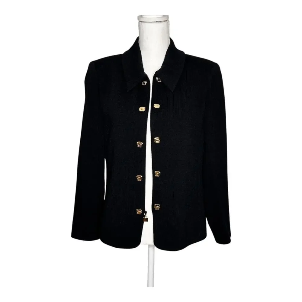 St John Collection Black Knit Jacket and Basics Skirt Set Size 12 Gold Accents - Picture 4 of 11